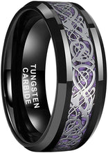 Load image into Gallery viewer, ASILLIA6mm 8mm Black Tungsten Carbide Rings for Men Women Wedding Bands Celtic Dragon Purple/Green/Red Carbon Fiber Inlay Beveled Edges Polished Comfort Fit