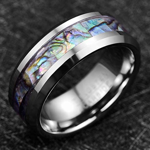 ASILLIA 8mm Natural Abalone Shell/Mother of Pearl Inlay Tungsten Wedding Ring WomenBeveled Edge Comfort Fit