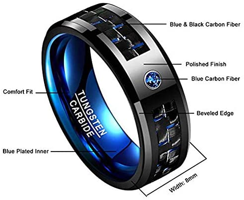 CAVANI 8mm Polished Finish Tungsten Carbide Promise Band Ring for Men Blue Carbide Fiber and Blue CZ Inlay