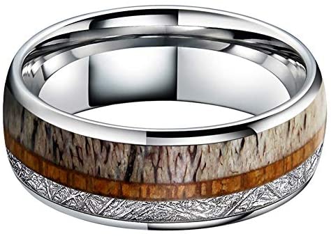 CAVANI 8mm Silver Rose Gold Tungsten Rings for Men Women Wedding Bands Koa Wood Arrow Deer Antler Meteorite Inlay Domed Polished Shiny Comfort Fit