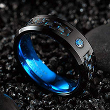Load image into Gallery viewer, CAVANI 8mm Polished Finish Tungsten Carbide Promise Band Ring for Men Blue Carbide Fiber and Blue CZ Inlay