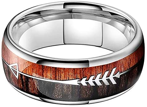 ASILLIA 6mm 8mm Silver/Black/Rose Gold Tungsten Carbide Rings for Men Women Wedding Bands Koa Wood Arrow Inlay Polished Comfort Fit