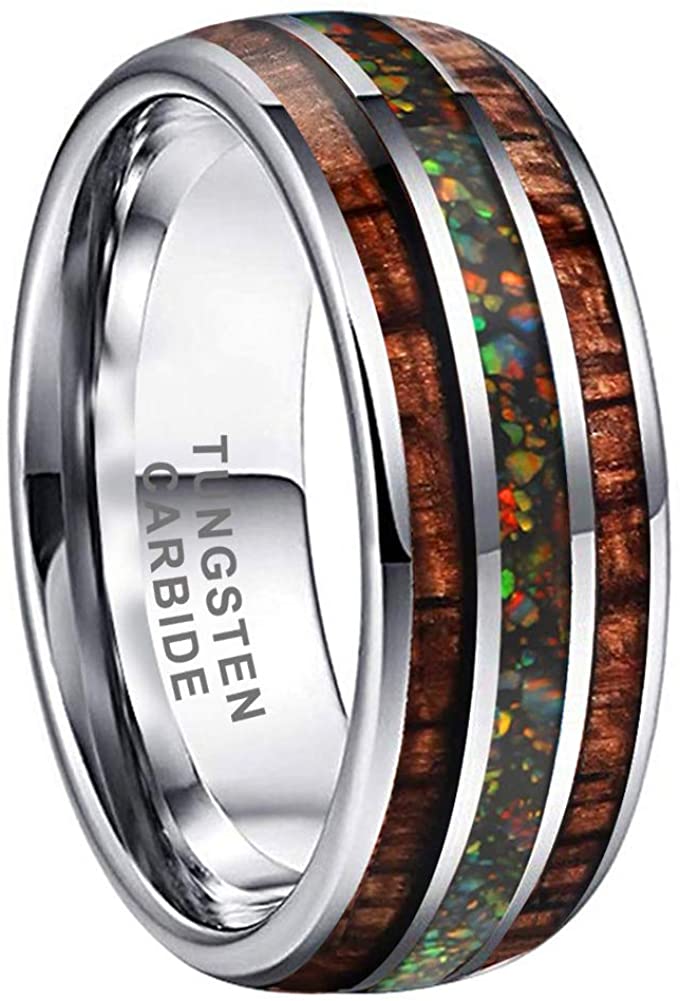 AMANOILE 8mm Tungsten Carbide Rings for Men Women with Galaxy Opal Stone and Koa Wood