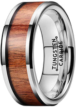 Load image into Gallery viewer, AMANOILE 6mm 8mm Silver/Black/Rose Gold Tungsten Carbide Rings for Men Women Wedding Bands Koa Wood Inlay Beveled Edges Polished Shiny Comfort Fit