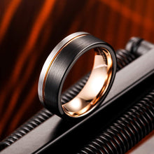 Load image into Gallery viewer, AMANOILE Silver &amp; Black 8mm Men Tungsten Carbide Wedding Rings Rose-Gold Line Matte Comfort Fit Band