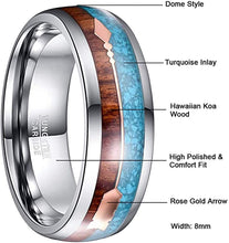 Load image into Gallery viewer, CAVANI 8mm Hawaiian Koa Wood and Turquoise Inlay Tungsten Wedding Rings with Rose Gold Arrow Comfort Fit