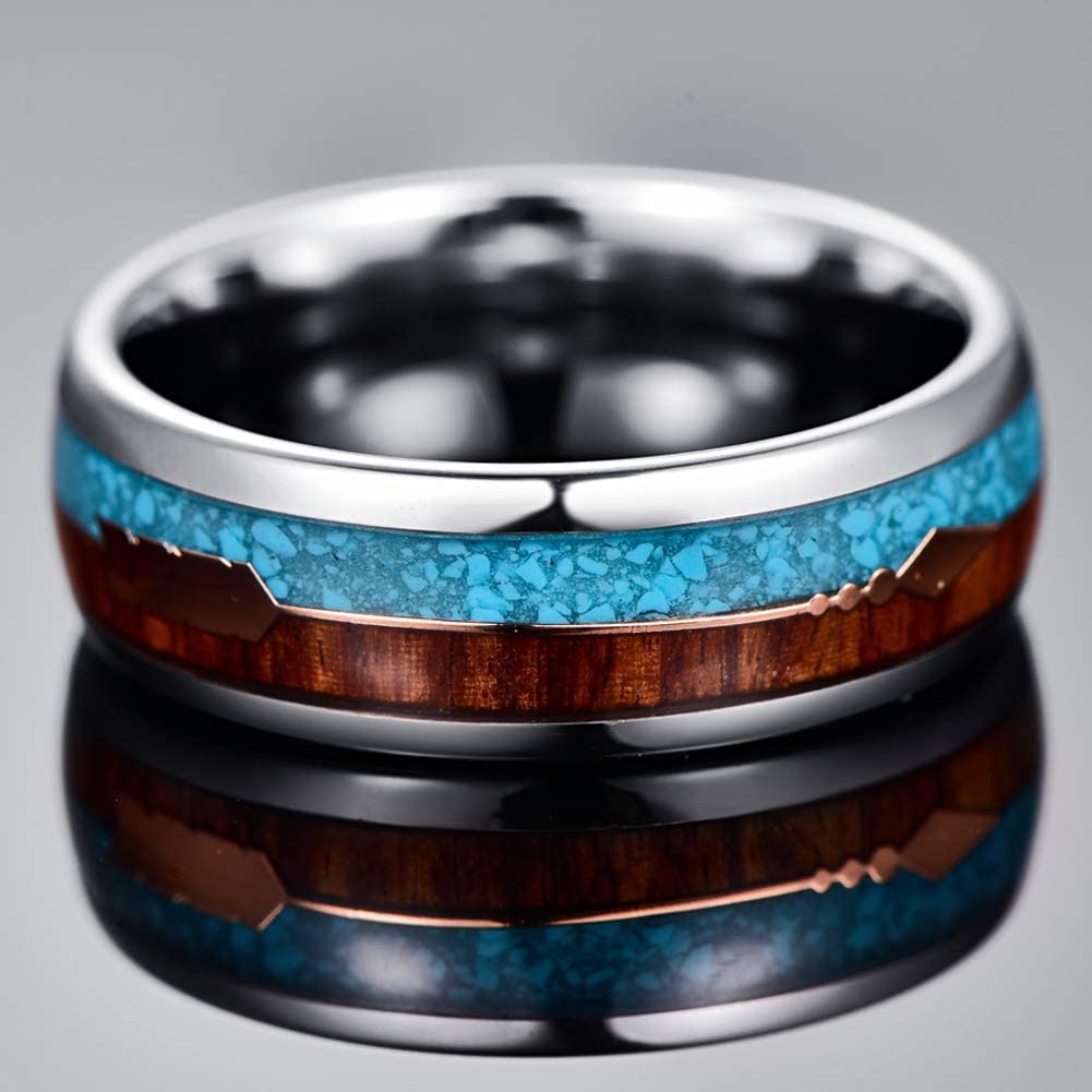 CAVANI 8mm Hawaiian Koa Wood and Turquoise Inlay Tungsten Wedding Rings with Rose Gold Arrow Comfort Fit