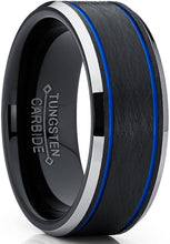 Load image into Gallery viewer, ASILLIA Men&#39;s Tungsten Carbide Black and Blue Textured Wedding Band Ring Comfort Fit 8mm