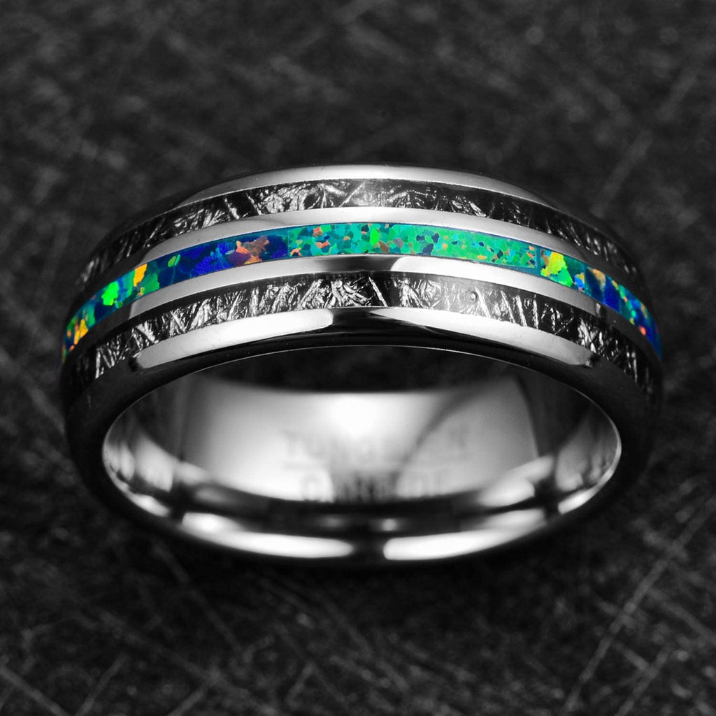 AMANOILE 8mm Men's Tungsten Carbide Wedding Ring Inlaid with Opal and Imitated Meteorite Dome Style High Polished Comfort Fit