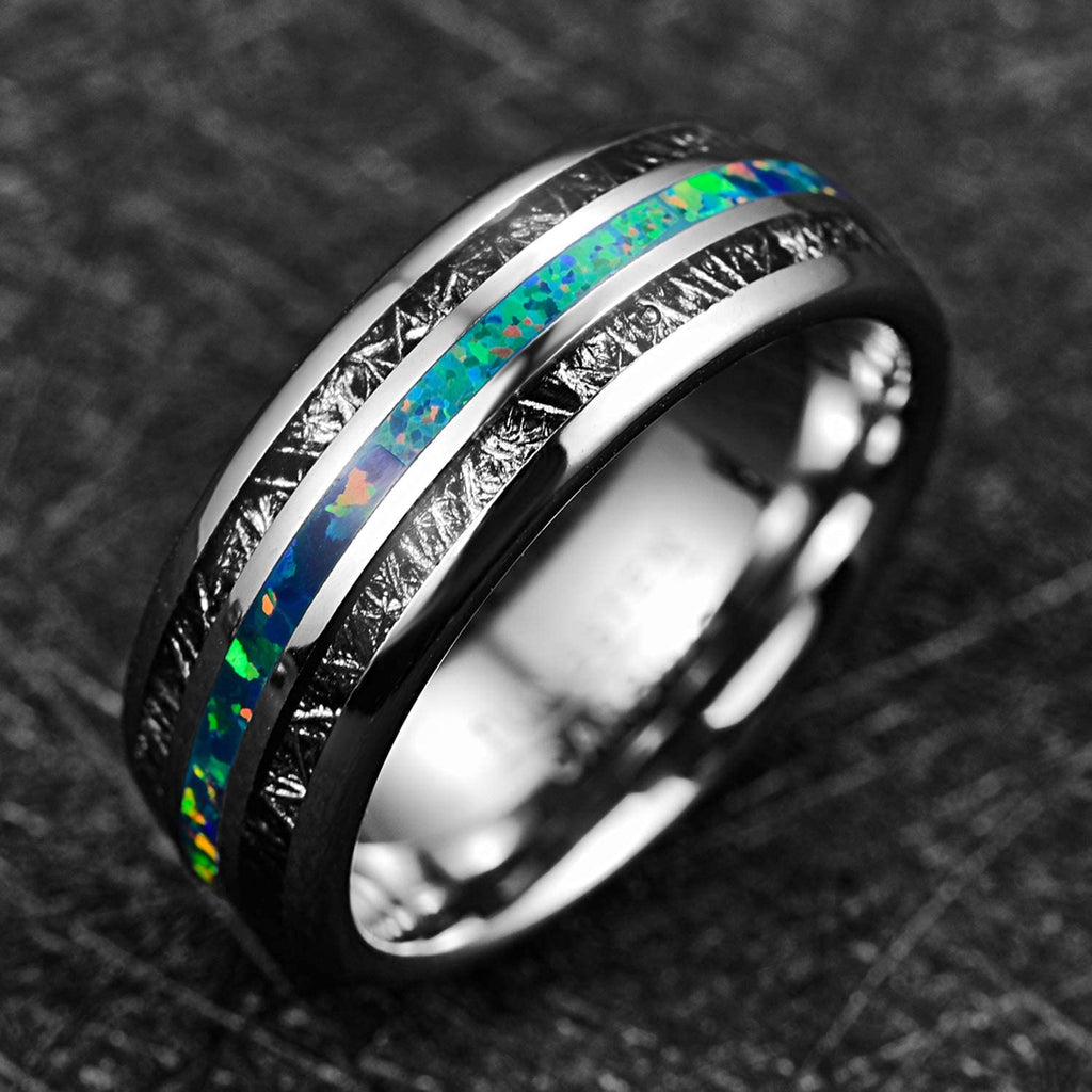 AMANOILE 8mm Men's Tungsten Carbide Wedding Ring Inlaid with Opal and Imitated Meteorite Dome Style High Polished Comfort Fit