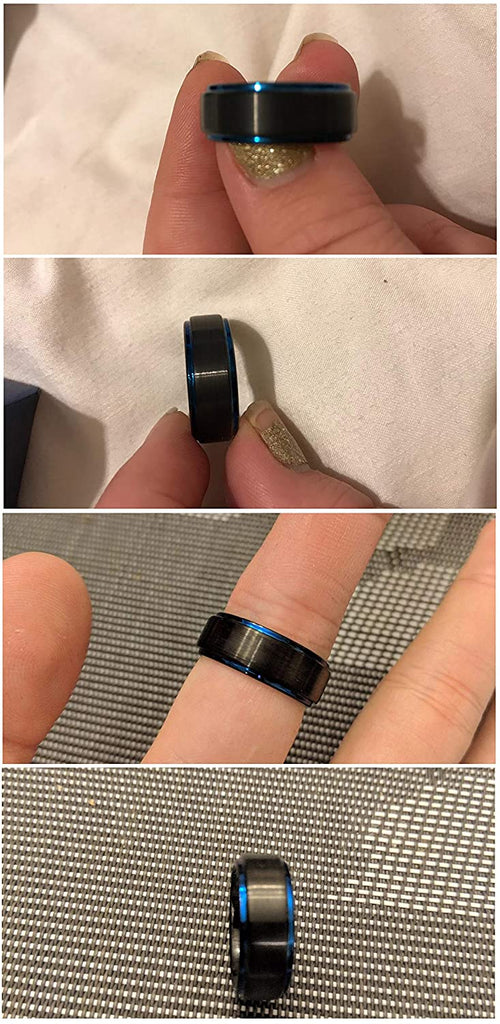 ASILLIA 8mm Mens Tungsten Ring Black Blue Two Tone Brushed Finish Stepped Edge Comfort Fit Size 6-13