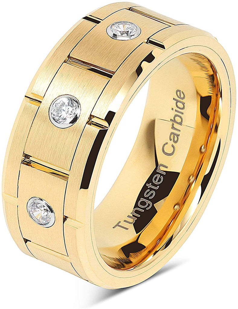 VERRA Tungsten Rings for Mens Gold Wedding Bands 3 CZ Inlaid, High quality, Super Sleek