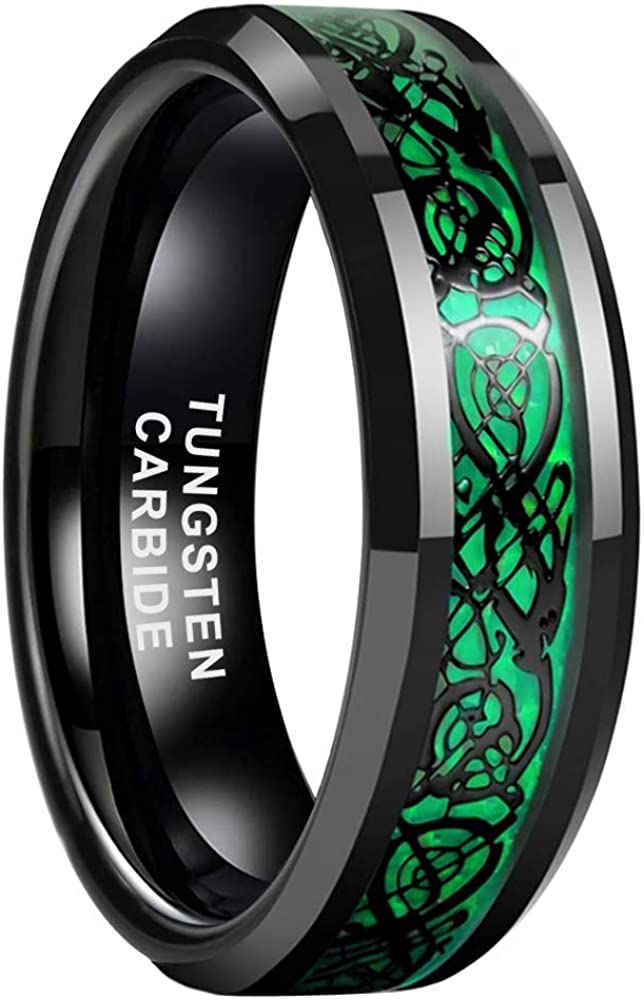 ASILLIA6mm 8mm Black Tungsten Carbide Rings for Men Women Wedding Bands Celtic Dragon Purple/Green/Red Carbon Fiber Inlay Beveled Edges Polished Comfort Fit