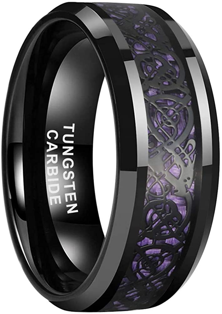 ASILLIA6mm 8mm Black Tungsten Carbide Rings for Men Women Wedding Bands Celtic Dragon Purple/Green/Red Carbon Fiber Inlay Beveled Edges Polished Comfort Fit
