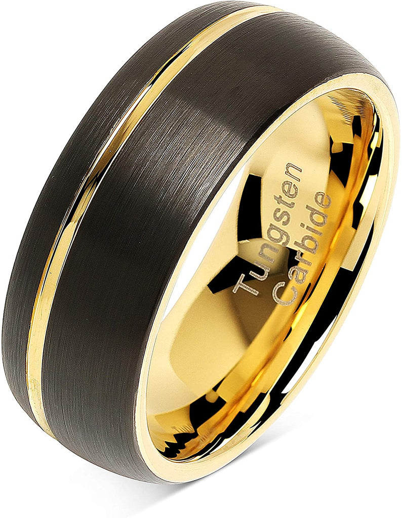 CAVANI Tungsten Rings for Men Wedding Bands 14K Gold Plated Jewelry Brushed Black