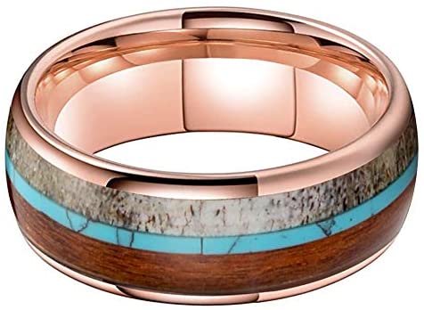 CAVANI 8mm Silver/Black/Rose Gold Tungsten Rings for Men Women Wedding Bands Deer Antler Koa Wood Turquoise Meteorite Inlay Domed Polished Shiny Comfort Fit