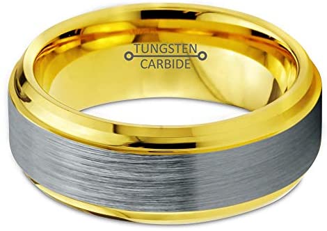 ASILLIA Tungsten Wedding Band Ring 8mm Men Women Comfort Fit 18k Yellow Rose Gold Black Grey Step Bevel Edge Brushed Polished