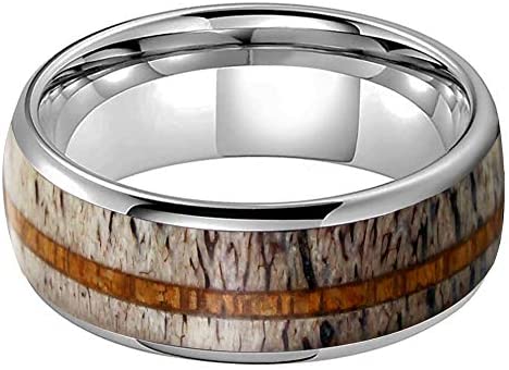 CAVANI 8mm Silver/Black/Rose Gold Tungsten Rings for Men Women Wedding Bands Deer Antler Koa Wood Turquoise Meteorite Inlay Domed Polished Shiny Comfort Fit
