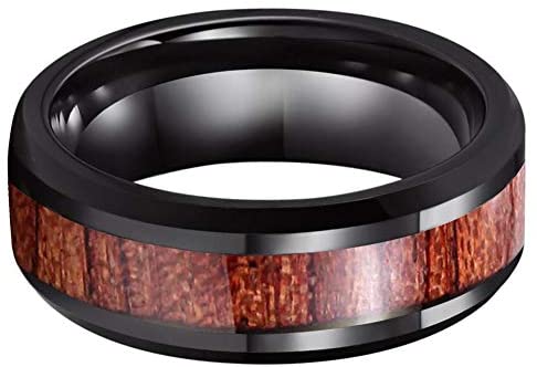 ASILLIA 8mm Silver/Black/Rose Gold Tungsten Rings for Men Women Wedding Bands Natural Koa Wood Inlay Polished Shiny Comfort Fit