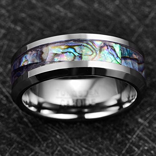 ASILLIA 8mm Natural Abalone Shell/Mother of Pearl Inlay Tungsten Wedding Ring WomenBeveled Edge Comfort Fit