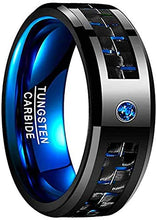 Load image into Gallery viewer, CAVANI 8mm Polished Finish Tungsten Carbide Promise Band Ring for Men Blue Carbide Fiber and Blue CZ Inlay