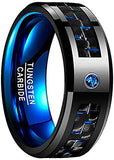 CAVANI 8mm Polished Finish Tungsten Carbide Promise Band Ring for Men Blue Carbide Fiber and Blue CZ Inlay
