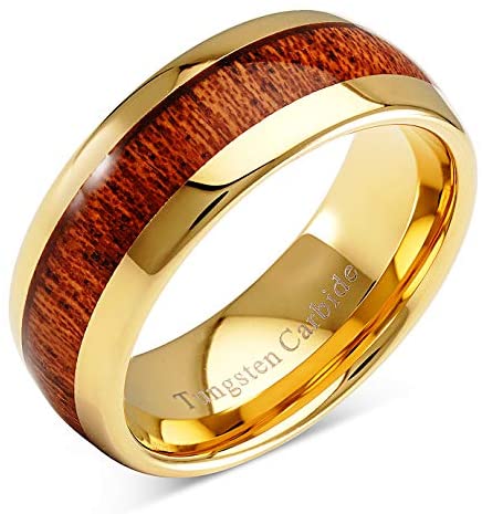 ASELLIA Tungsten Ring for Men Women Wedding Band Koa Wood Inlaid Gold Plated