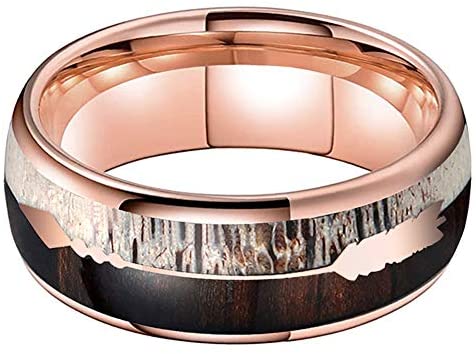 CAVANI 8mm Silver Rose Gold Tungsten Rings for Men Women Wedding Bands Koa Wood Arrow Deer Antler Meteorite Inlay Domed Polished Shiny Comfort Fit