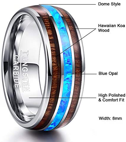 ASILLIA 6mm 8mm Hawaiian Koa Wood and Blue Opal Inlay Tungsten Carbide Ring Domed Matching Wedding Band Comfort Fit