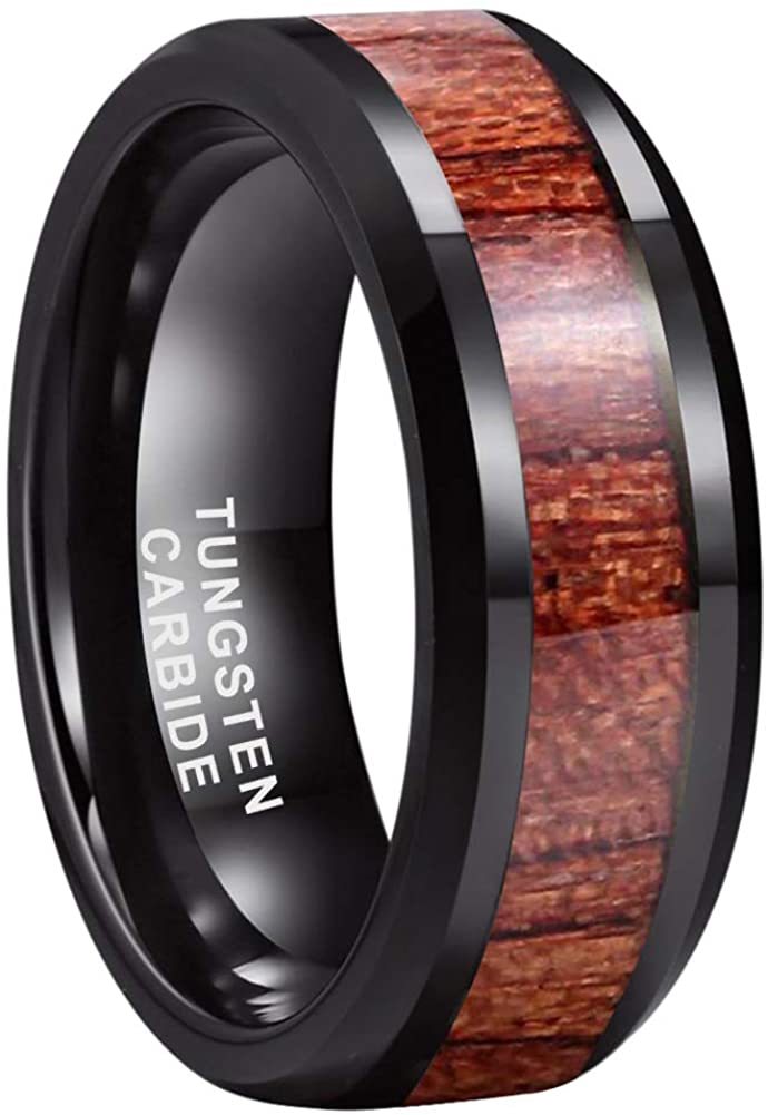 ASILLIA 8mm Silver/Black/Rose Gold Tungsten Rings for Men Women Wedding Bands Natural Koa Wood Inlay Polished Shiny Comfort Fit