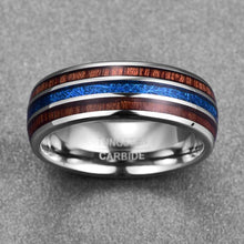 Load image into Gallery viewer, ASILLIA 8mm Domed Hawaiian Koa Wood and Blue Imitated Meteorite Inlay Tungsten Carbide Wedding Band Comfort Fit