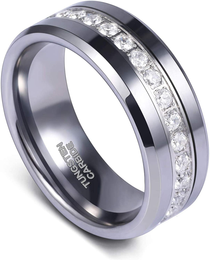 ASILLIA 8mm Mens Tungsten Wedding Bands with Cubic Zirconia Eternity Ring CZ Inlaid High Polish Size 7-13