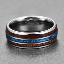 Load image into Gallery viewer, ASILLIA 8mm Domed Hawaiian Koa Wood and Blue Imitated Meteorite Inlay Tungsten Carbide Wedding Band Comfort Fit