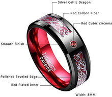 Load image into Gallery viewer, AMANOILE Men&#39;s 8mm Tungsten Carbide Ring Celtic Dragon Red Carbon Fiber and Cubic Zirconia Inlay