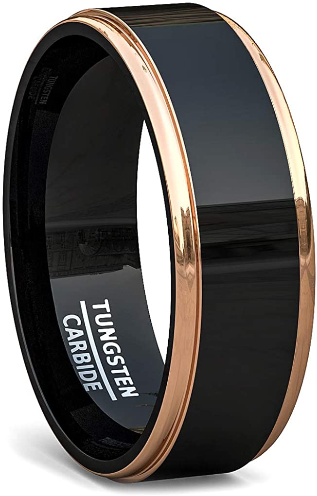 AMONOILE 8mm Tungsten Black Rings for Men Durable Tungsten Mens Wedding Bands or Engagement Ring Two Tone Rose Gold/Blue/Silver Step Edge Polished Finish Comfort Fit