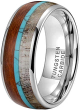 Load image into Gallery viewer, CAVANI 8mm Silver/Black/Rose Gold Tungsten Rings for Men Women Wedding Bands Deer Antler Koa Wood Turquoise Meteorite Inlay Domed Polished Shiny Comfort Fit