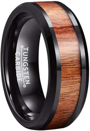 AMANOILE 6mm 8mm Silver/Black/Rose Gold Tungsten Carbide Rings for Men Women Wedding Bands Koa Wood Inlay Beveled Edges Polished Shiny Comfort Fit