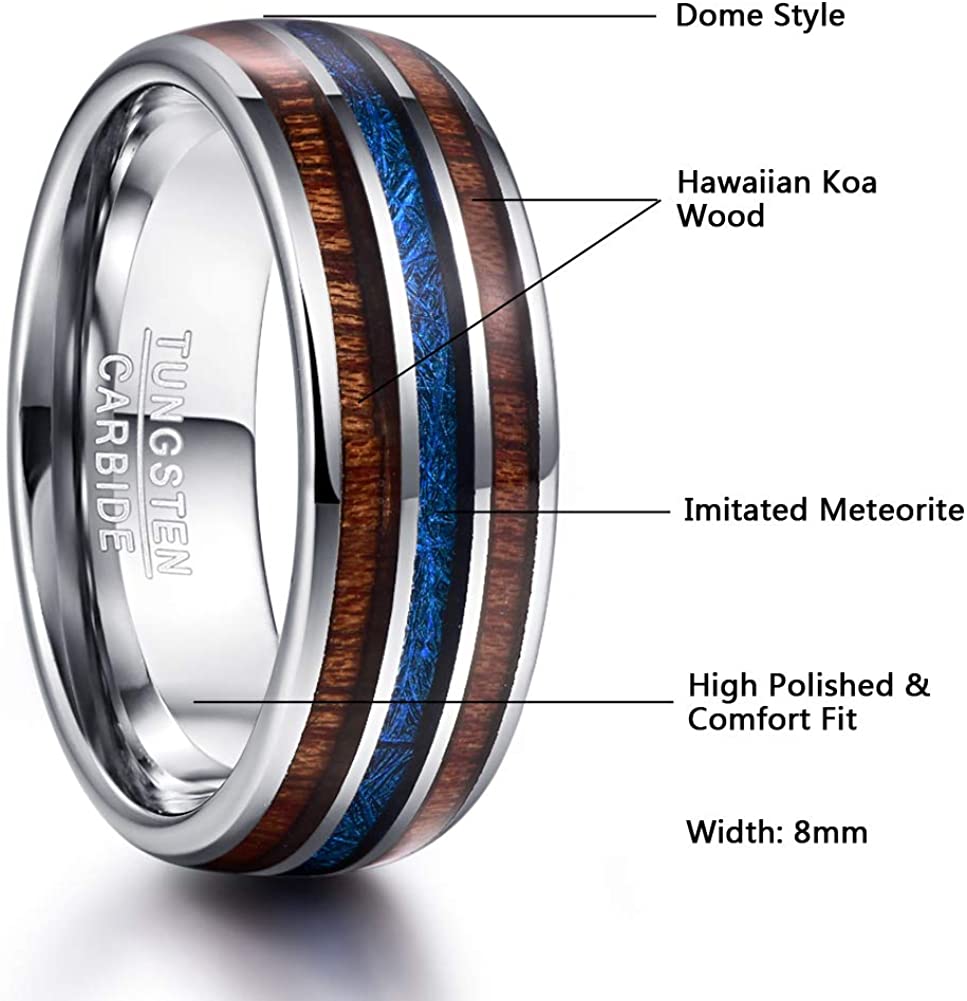 ASILLIA 8mm Domed Hawaiian Koa Wood and Blue Imitated Meteorite Inlay Tungsten Carbide Wedding Band Comfort Fit