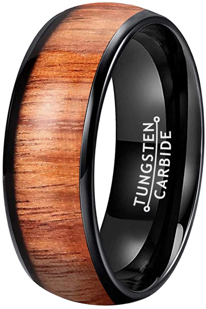 AMANOILE 8mm Silver/Black/Rose Gold Tungsten Carbide Rings for Men Women Wedding Bands Koa Wood Inlay Domed Polished Comfort Fit