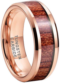 ASILLIA 8mm Silver/Black/Rose Gold Tungsten Rings for Men Women Wedding Bands Natural Koa Wood Inlay Polished Shiny Comfort Fit