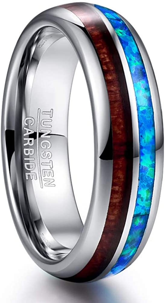 ASILLIA 6mm 8mm Hawaiian Koa Wood and Blue Opal Inlay Tungsten Carbide Ring Domed Matching Wedding Band Comfort Fit