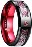 AMANOILE Men's 8mm Tungsten Carbide Ring Celtic Dragon Red Carbon Fiber and Cubic Zirconia Inlay
