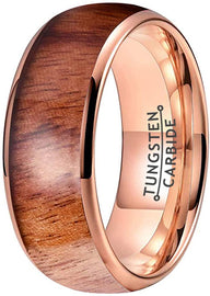 AMANOILE 8mm Silver/Black/Rose Gold Tungsten Carbide Rings for Men Women Wedding Bands Koa Wood Inlay Domed Polished Comfort Fit