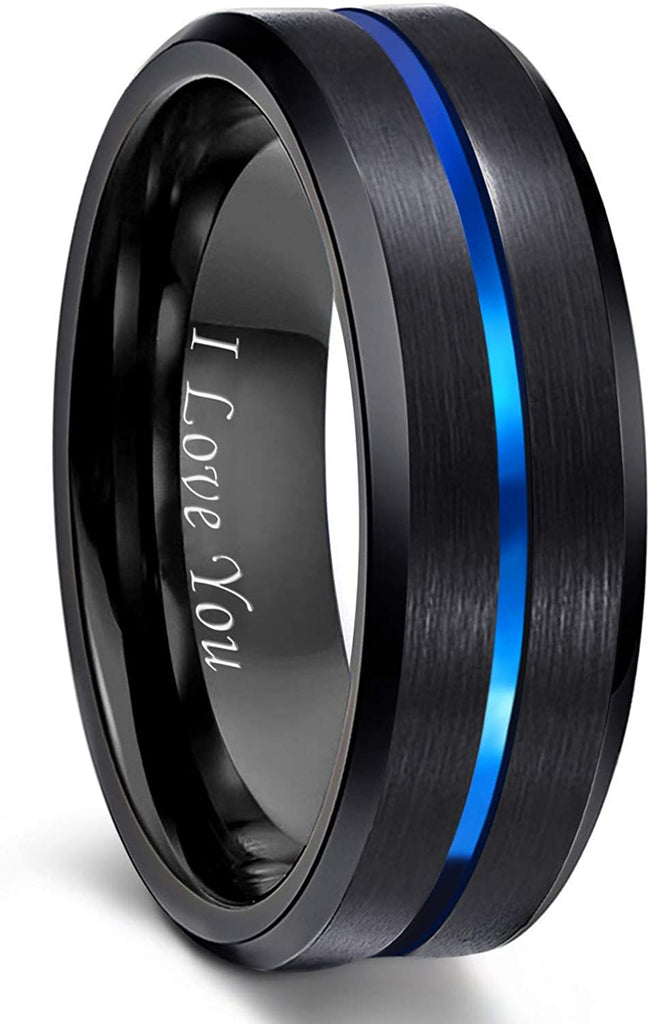 HATISHIA 8mm Mens Tungsten Ring Wedding Band  Engraved I Love You Thin Blue/Rose Gold/Black Center Groove Comfort Fit