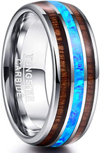 Load image into Gallery viewer, ASILLIA 6mm 8mm Hawaiian Koa Wood and Blue Opal Inlay Tungsten Carbide Ring Domed Matching Wedding Band Comfort Fit