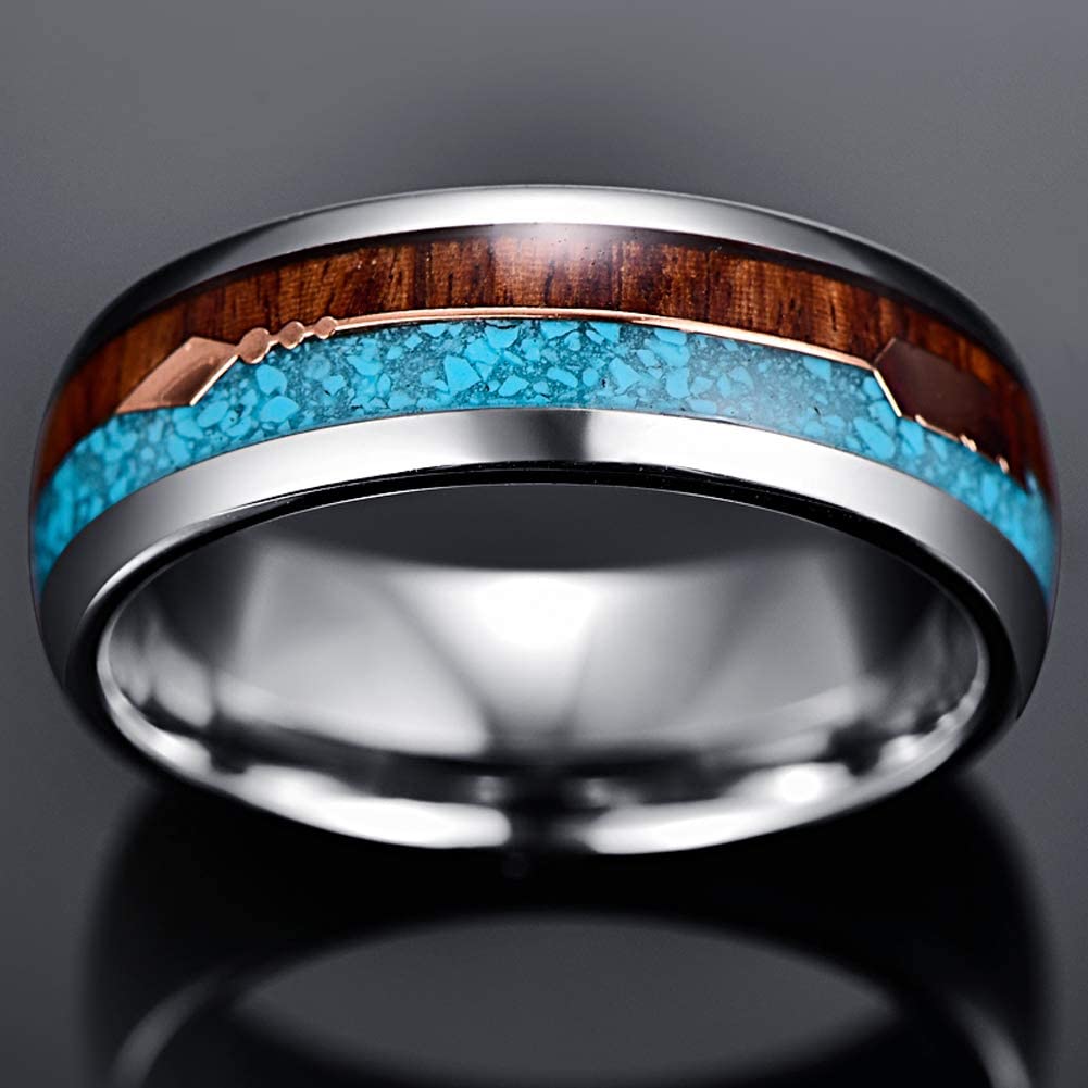 CAVANI 8mm Hawaiian Koa Wood and Turquoise Inlay Tungsten Wedding Rings with Rose Gold Arrow Comfort Fit