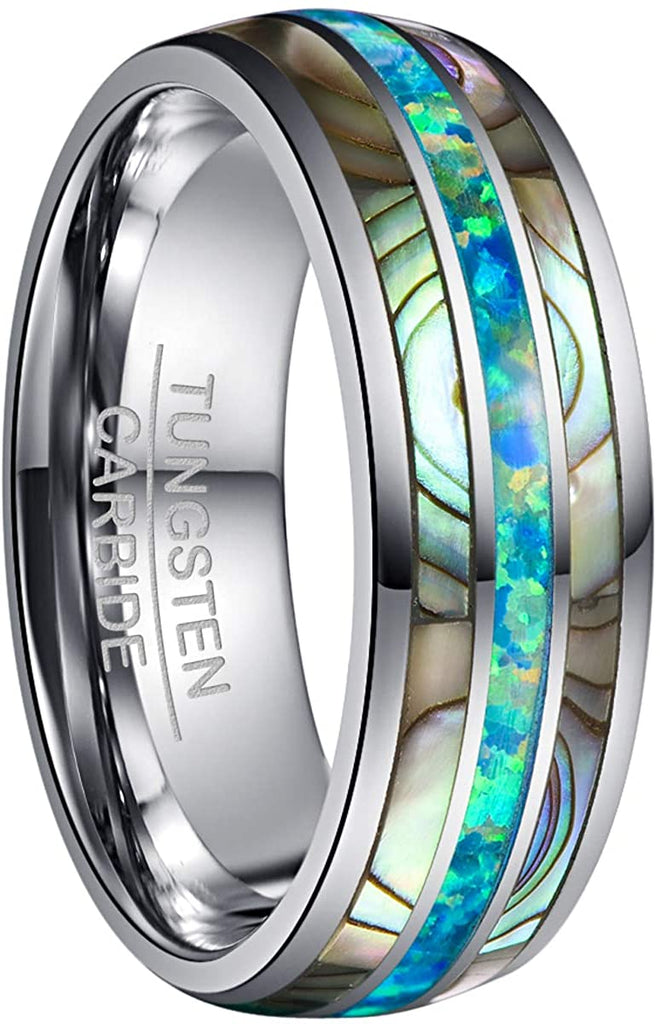AMANOILE Men's 8mm Tungsten Carbide Ring Real Blue/Green Opal and Abalone Shell Wedding Engagement Ring Band