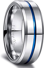 HATISHIA 8mm Mens Tungsten Ring Wedding Band  Engraved I Love You Thin Blue/Rose Gold/Black Center Groove Comfort Fit