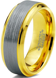 ASILLIA Tungsten Wedding Band Ring 8mm Men Women Comfort Fit 18k Yellow Rose Gold Black Grey Step Bevel Edge Brushed Polished