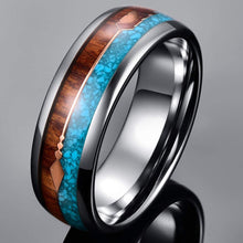 Load image into Gallery viewer, CAVANI 8mm Hawaiian Koa Wood and Turquoise Inlay Tungsten Wedding Rings with Rose Gold Arrow Comfort Fit